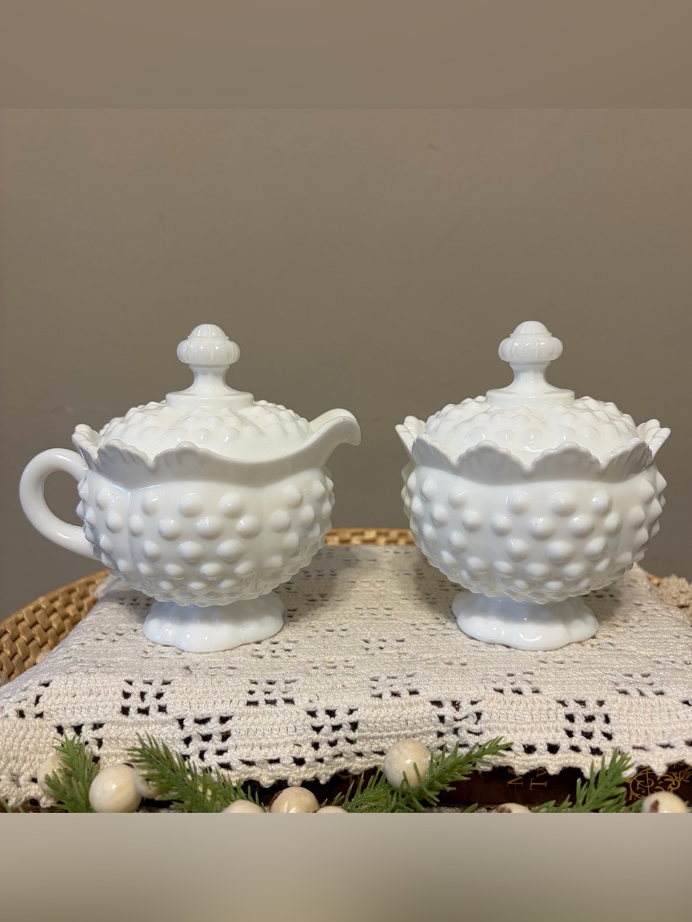Fenton Vintage Hobnail Milk Glass Creamer and Sugar Bowl Set
